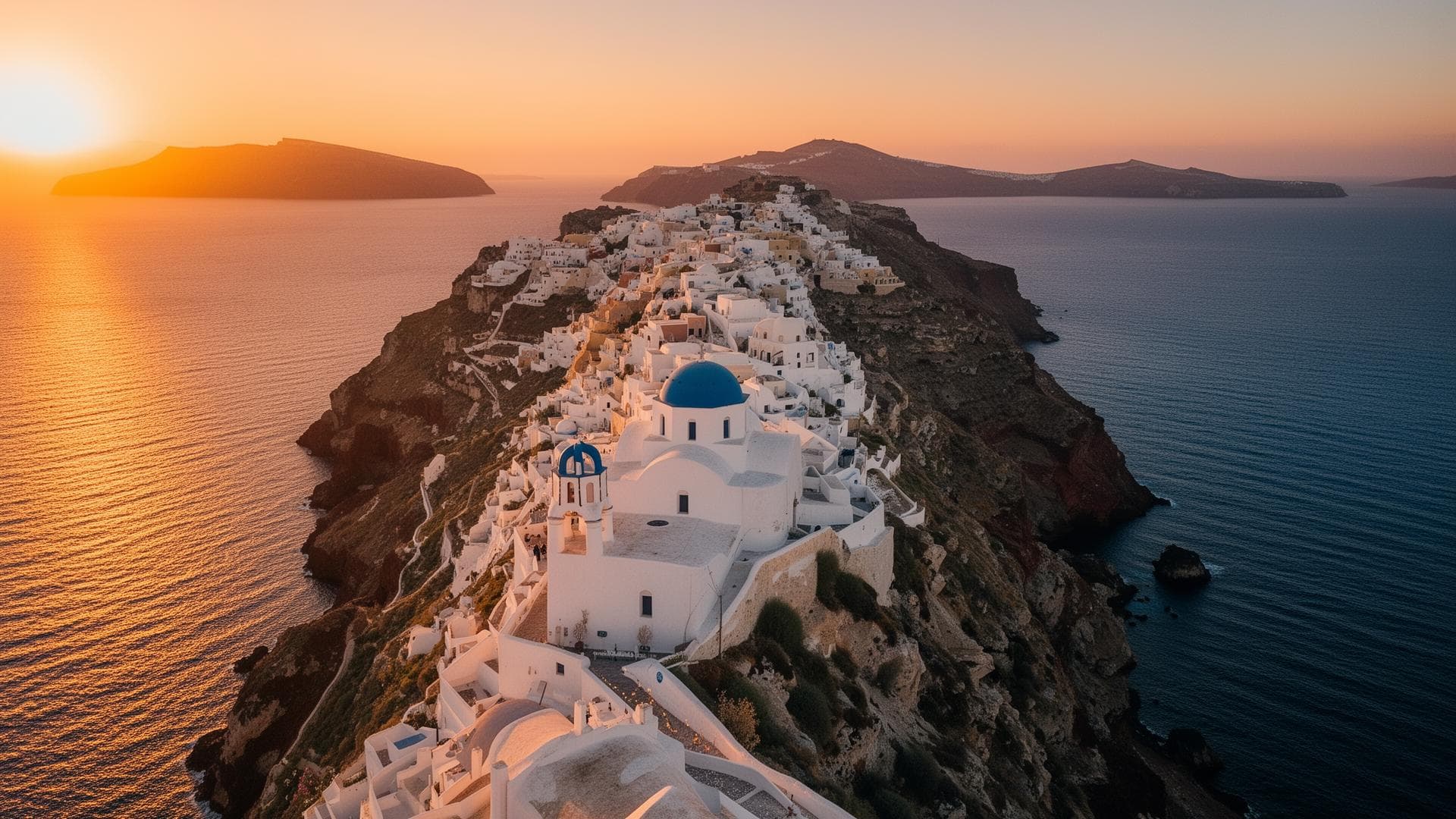 Cycladic village overlooking the Aegean at sunset, Folegandros